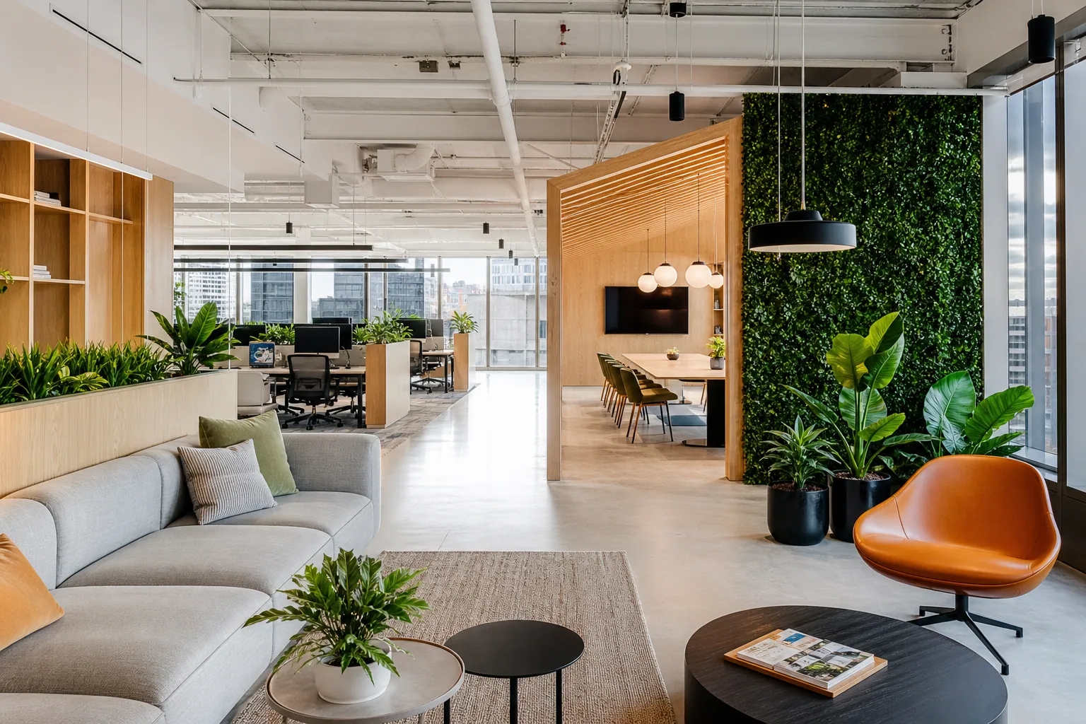 A finished biophilic corporate workspace, delivered.