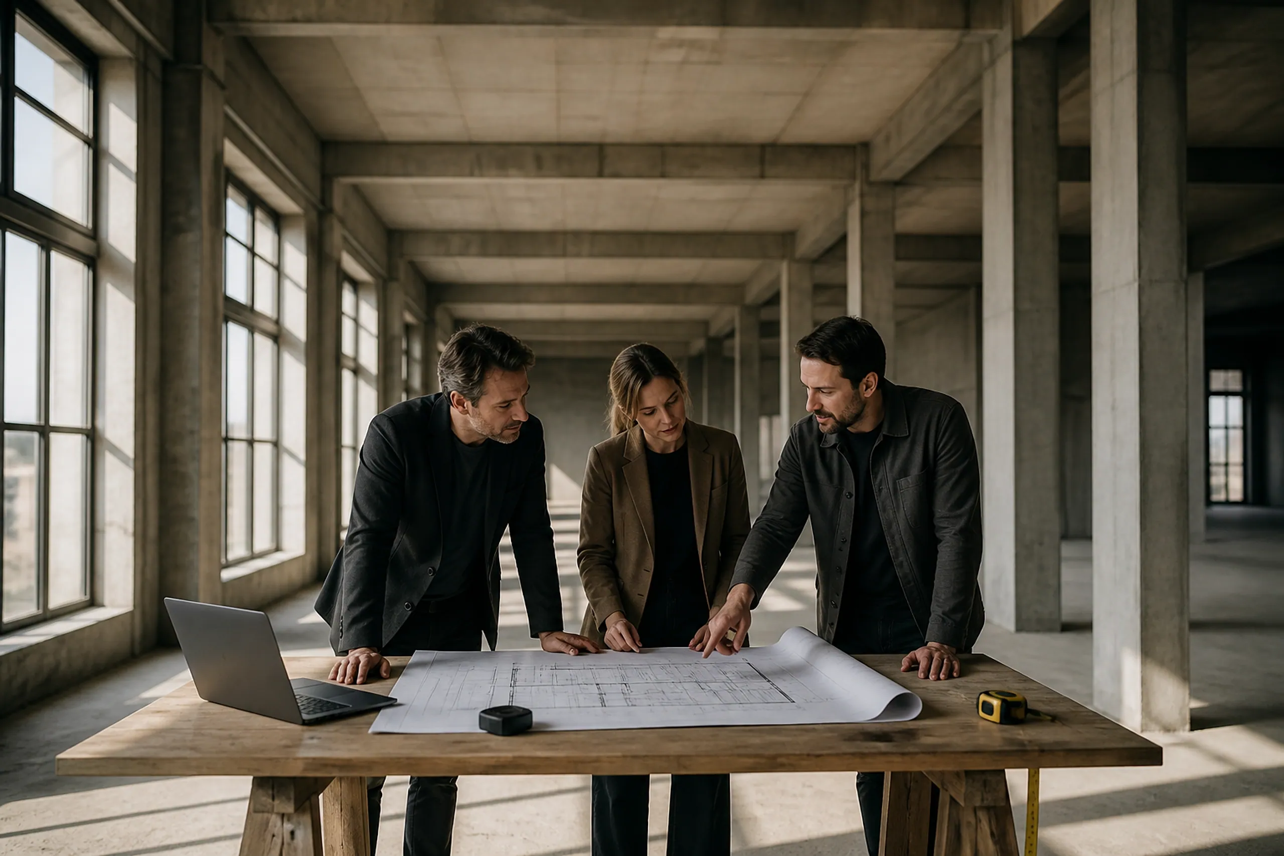 Greystone consultants and a client reviewing floor plans inside an empty commercial shell during discovery.