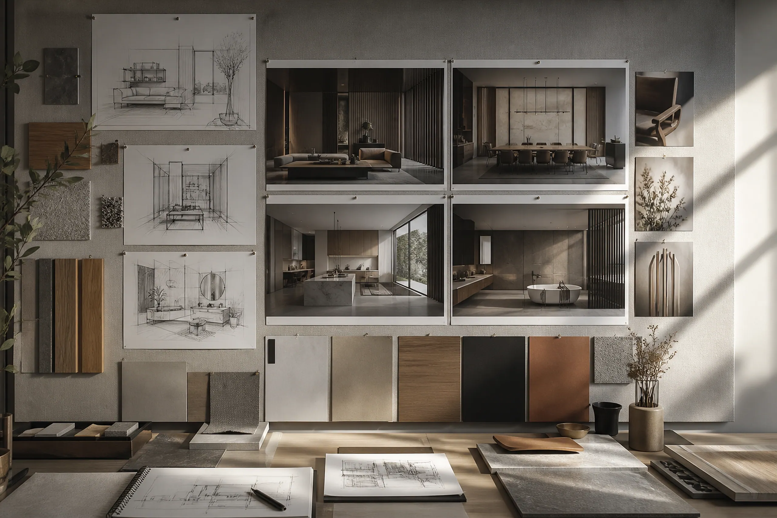 A studio wall of mood boards, sketches, 3D renders and material palettes setting the design direction.