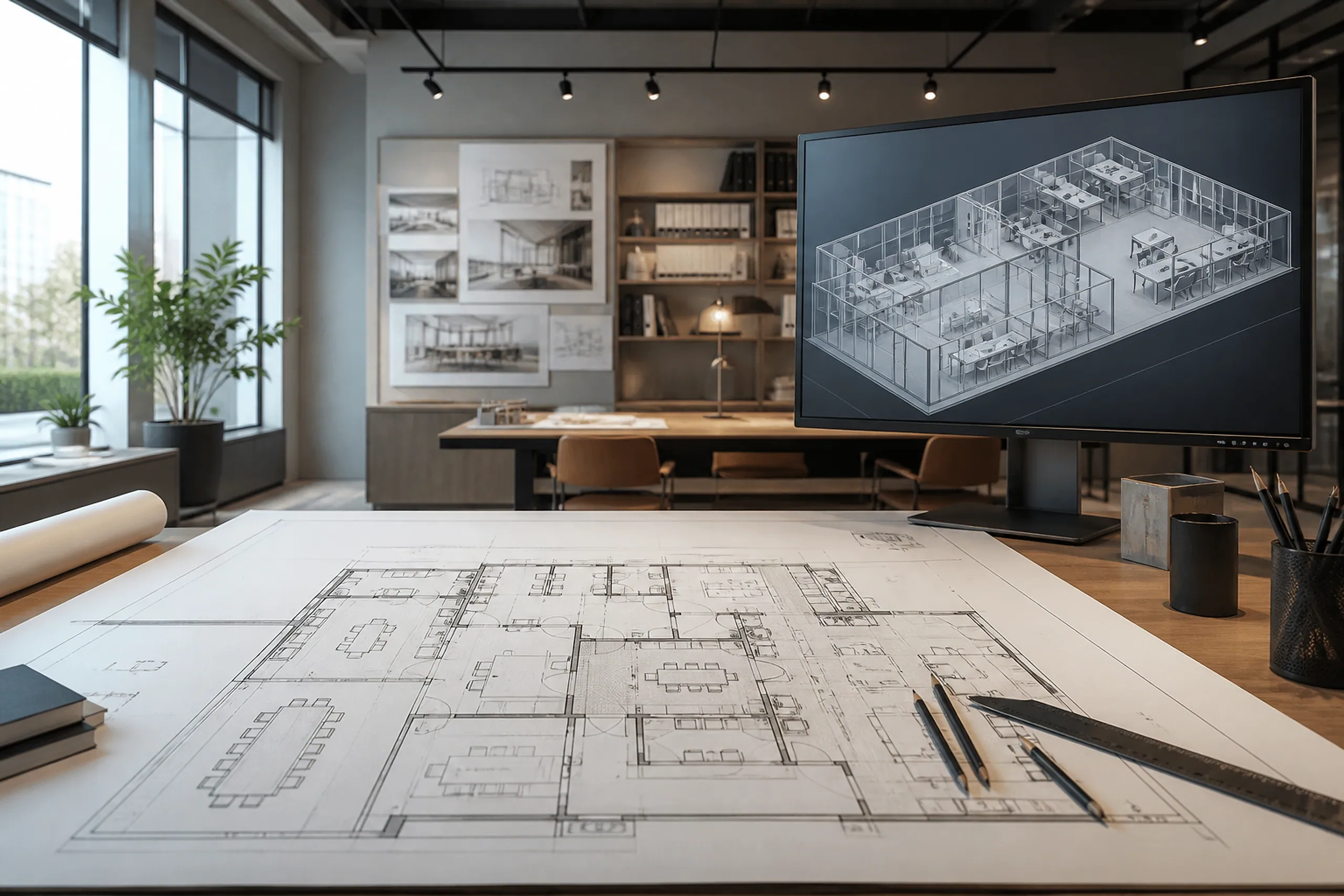 A drafting table with a detailed floor plan beside a 3D layout model on screen during space planning.