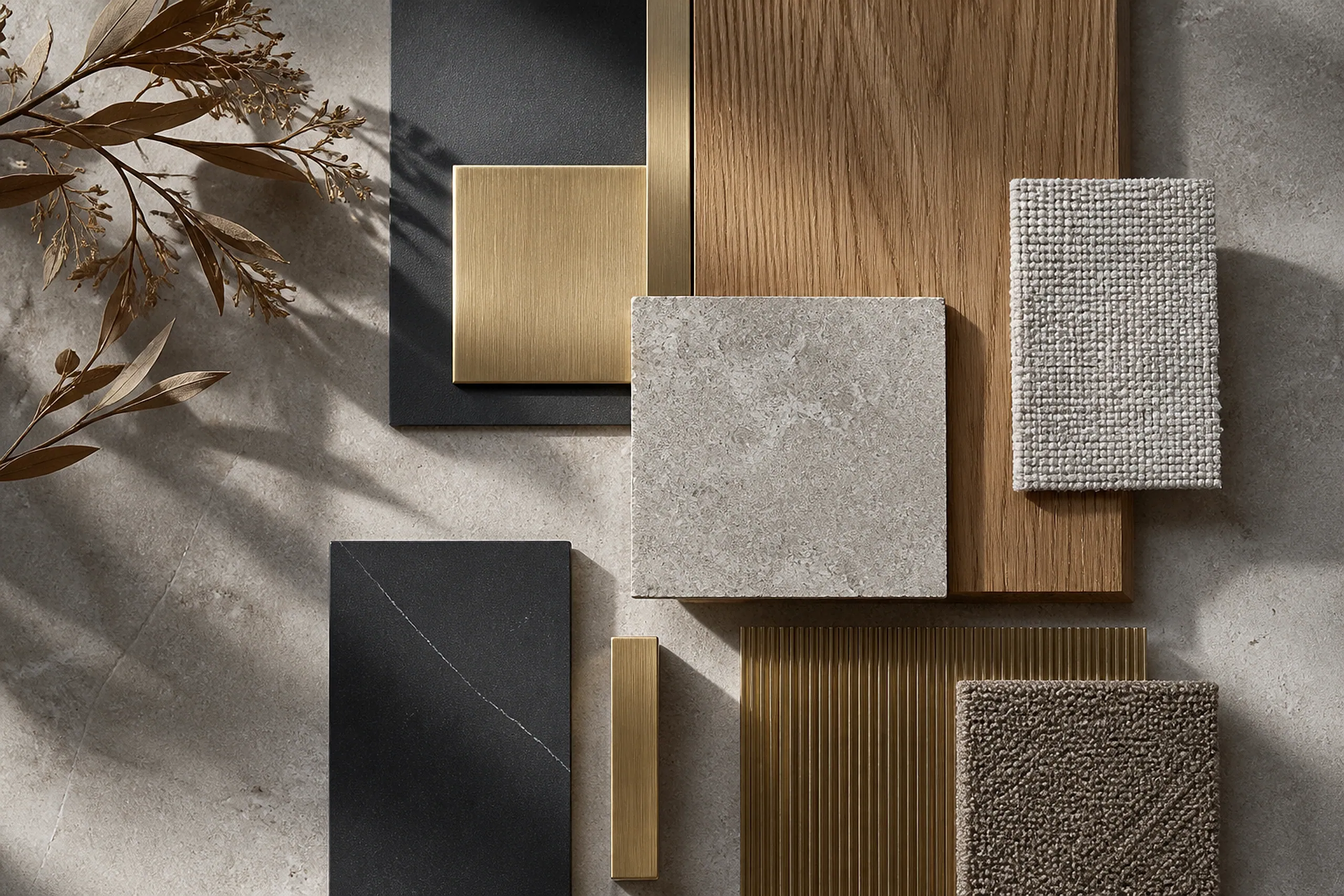 A curated flat-lay of premium finishes: oak veneer, natural stone, brushed brass and textile swatches.