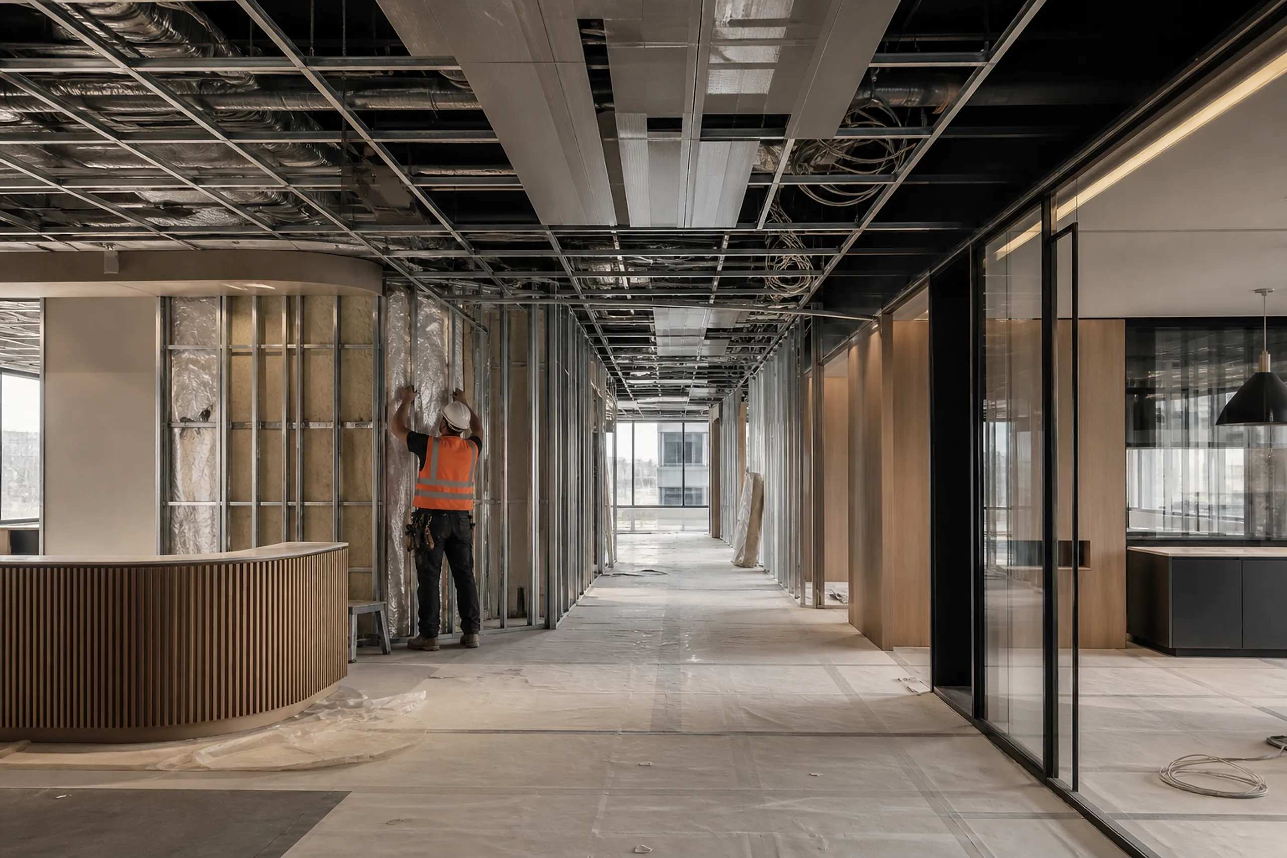 A commercial interior mid fit-out with framing, exposed ceiling services and work in progress on site.