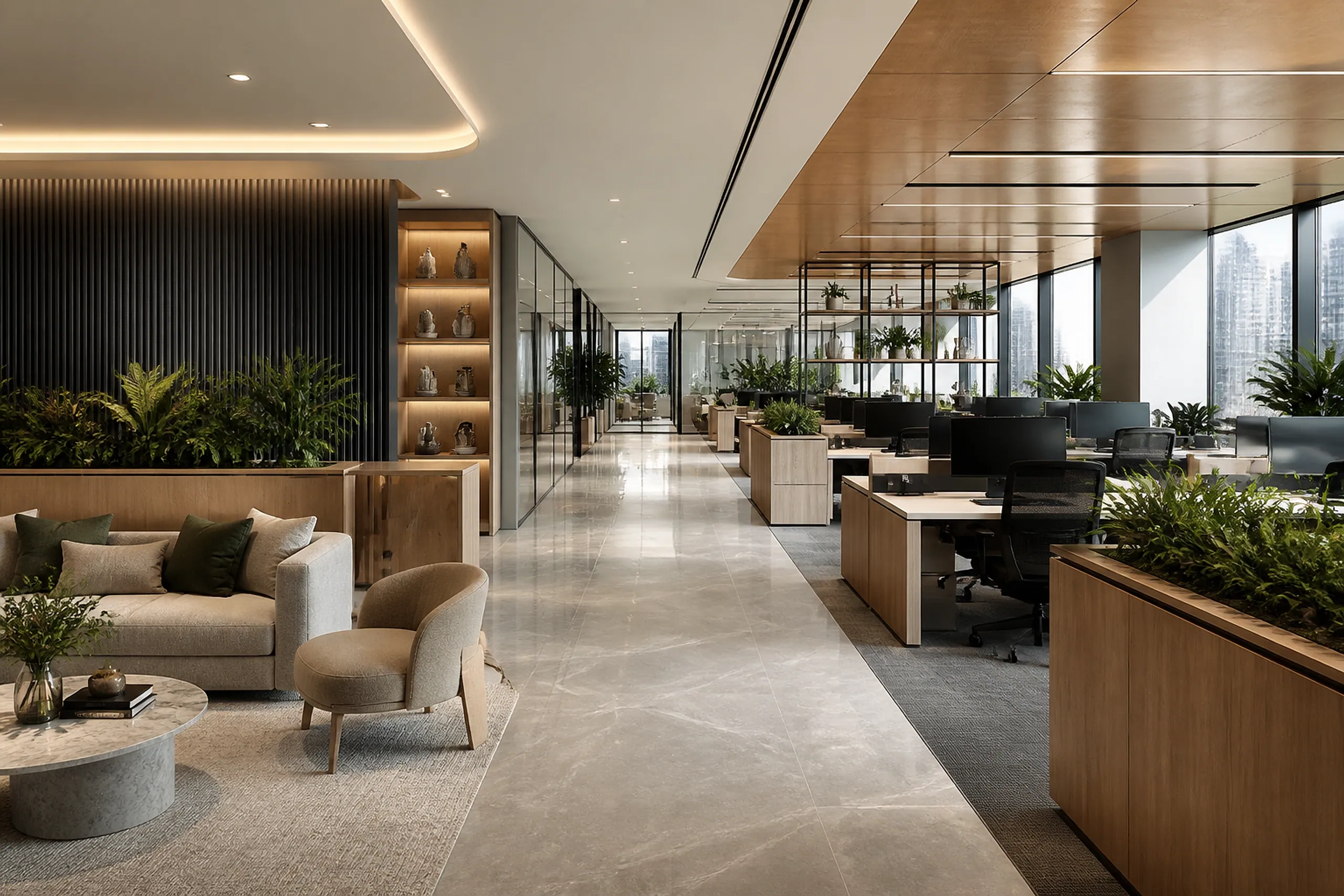 A finished, move-in-ready corporate interior with warm oak millwork, greenery and layered lighting.