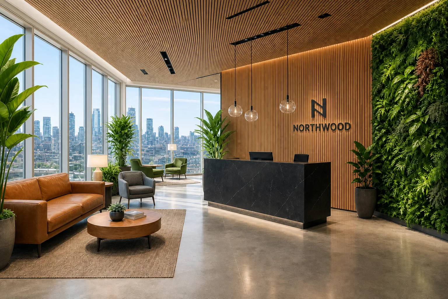 A corporate reception lobby in bright daylight, city skyline beyond the glass.