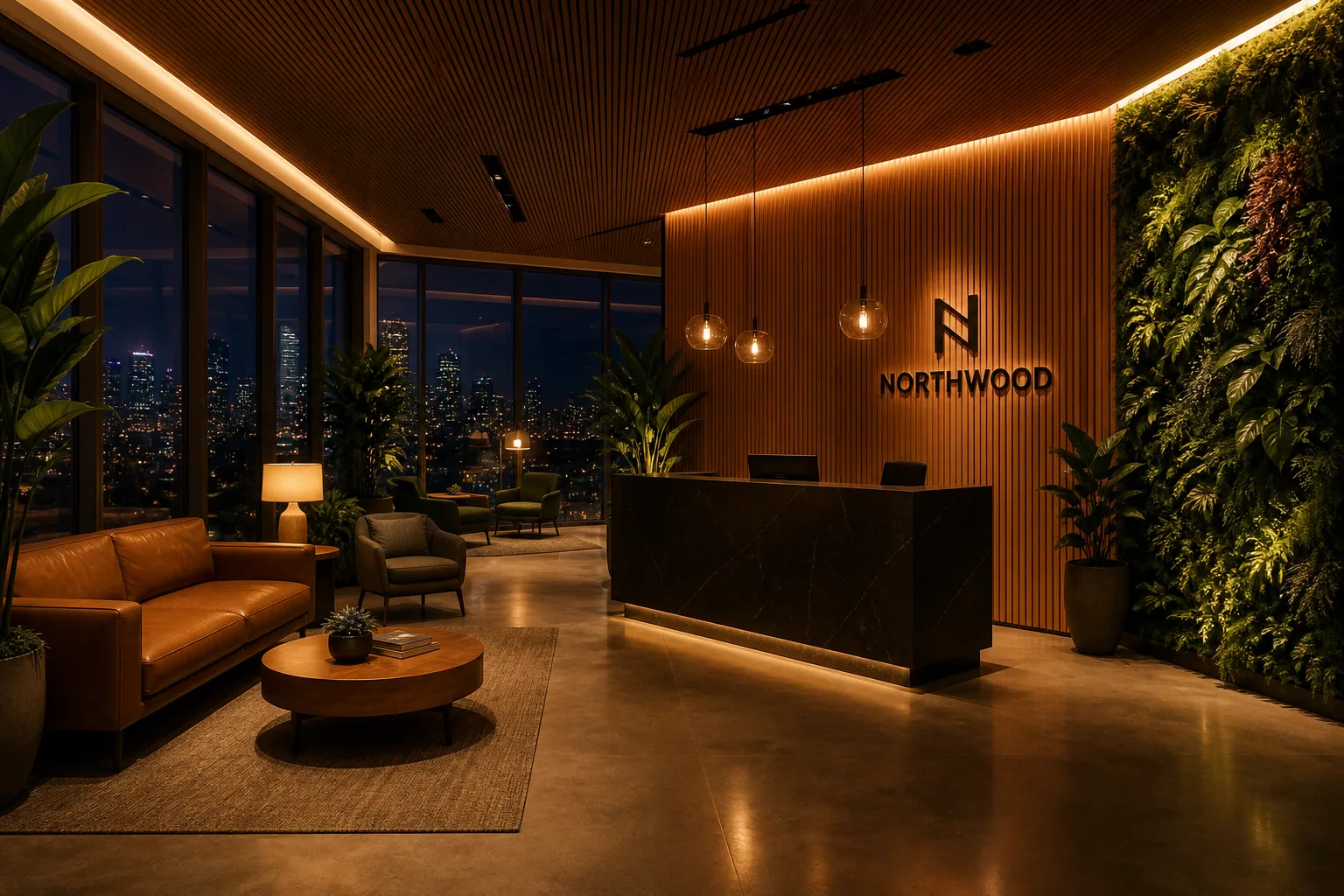The same reception lobby after dark, lit by warm layered lighting.